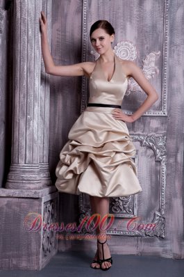 Cheap Champagne Bridesmaid Dress A-line Halter Taffeta Pick-ups Knee-length
