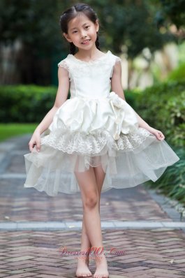 New White A-line Scoop Mini-length Flower Girl Dress Taffeta and Organza Hand Made Flowers