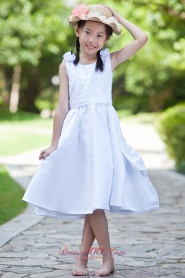 New White Column / Sheath Scoop Tea-length Satin Hand Made Flowers Beading Flower Girl Dress