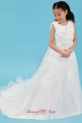 New White A-line Scoop Flower Girl Dress Court Train Organza Hand Made Flowers