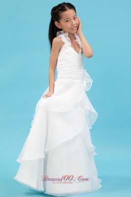 New White A-line Halter Flower Girl Dress Organza Ruch and Hand Made Flowers Floor-length