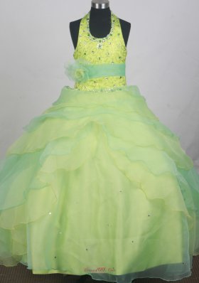 Sequins and Beading Decorate Apple Green and Spring Green Halter Flower Girl Pageant Dress With Apple Green Belt  Pageant Dresses