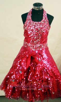 Red Custom Made Sequin Fabric Halter Neckline Flower Gril Pageant Dress  Pageant Dresses