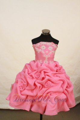 Romantic Watermelon Strapless Neckline Little Girl Pengant Dress With Flowers and Appliques Decorate  Pageant Dresses