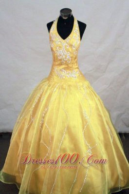 Yellow Halter Top Appliques Little Girl Pageant Dresses With Organza Hottest  Pageant Dresses