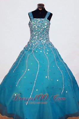 Beading A-line Gorgeous Straps Organza Teal Floor-length Little Girl Pageant Dresses  Pageant Dresses