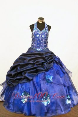 Beading Beautiful Ball gown Halter Floor-length Organza Blue Little Girl Pageant Dresses