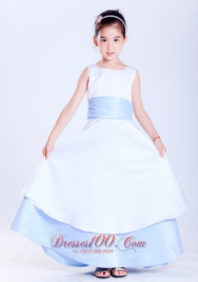 Cheap Customize White and Light Blue A-line Scoop Sash Flower Girl Dress Ankle-length Taffeta