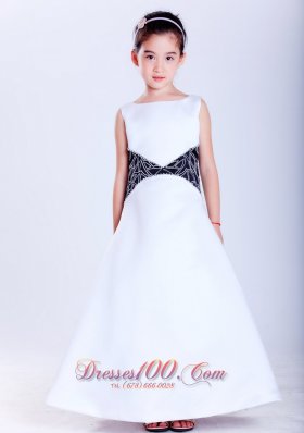 Cheap Beautiful White and Black A-line Scoop Embroidery Flower Girl Dress Ankle-length Satin