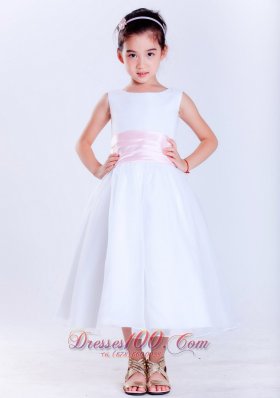 Cheap White and Pink A-line Scoop Tea-length Taffeta and Organza Hand Made Flower Flower Girl Dress