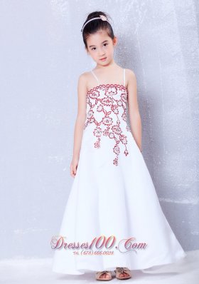 Cheap Beautiful White A-line Straps Embroidery Flower Girl Dress Ankle-length Satin
