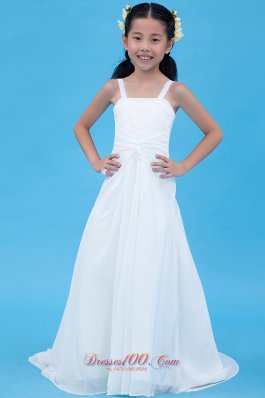 Cheap White A-line Straps Flower Girl Dress Chiffon Embroidery Brush Train