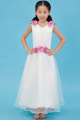 Cheap White A-line V-neck Ankle-length Organza Hand Made Flowers Flower Girl Dress