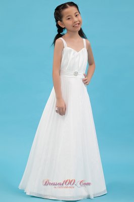 Cheap White A-line Straps Flower Girl Dress Taffeta Ruch and Hand Made Flowers Floor-length