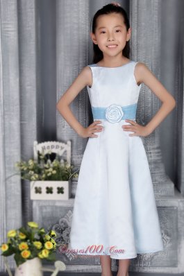 Cheap Light Blue A-line / Princess Scoop Tea-length Satin Belt Flower Girl Dress
