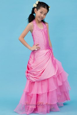 Pretty Fuchsia A-line Halter Flower Girl Dress Organza and Taffeta Beading Floor-length