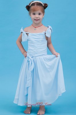 Pretty Baby Blue A-line Straps Ankle-length Flower Girl Dress Chiffon Ruch