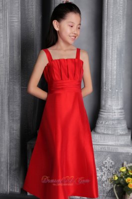 Pretty Red A-line / Princess Wide Straps Tea-length Satin Ruch Flower Girl Dress