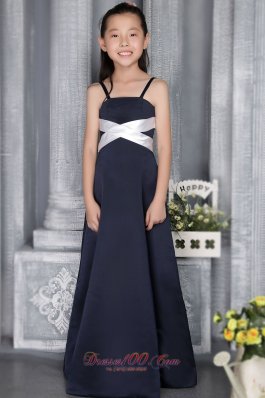 Pretty Navy Blue Column Straps floor-length Satin Flower Girl Dress