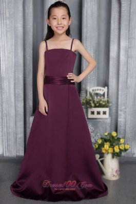 Pretty Dark Purple A-line Straps Brush Train Satin Belt Flower Girl Dress