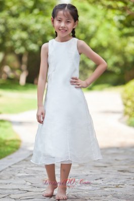 White Column / Sheath Scoop Tea-length Organza and Taffeta Flower Girl Dress