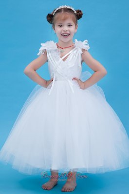 White A-line V-neck Flower Girl Dress Ankle-length Tulle Hand Made Flowers