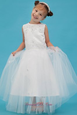 White A-line Scoop Flower Girl Dress Tulle Appliques Floor-length