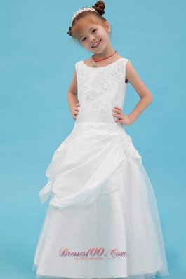 White A-line Scoop Flower Girl Dress Taffeta Beading and Applqiues Floor-length