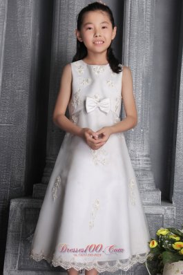 White A-line / Princess Scoop Tea-length Organza Beading Flower Girl Dress