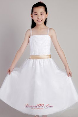 White Column Straps Tea-length Tulle Sequins and Belt Little Girl Dress