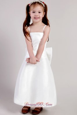 White Column Straps Ankle-length Satin Bowknot Little Girl Dress