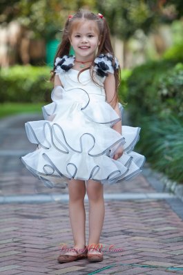 White A-line V-neck Flower Girl Dress Mini-length Taffeta and Organza Hand Made Flowers