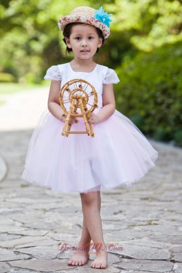 White and Pink Ball Gown Scoop Knee-length Taffeta and Tulle Flower Girl Dress