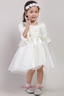 White A-line Square Knee-length Organza and Taffeta Embroidery and Handle Made Flowers Little Girl Dress