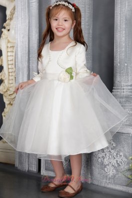 White A-line / Princess Scoop Tea-length Organza Sach Flower Girl Dress