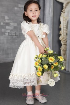 Off White A-line / Princess Scoop Tea-length Taffeta Beading Flower Girl Dress