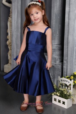 Navy Blue A-line / Princess Straps Tea-length Satin Bow Flower Girl Dress