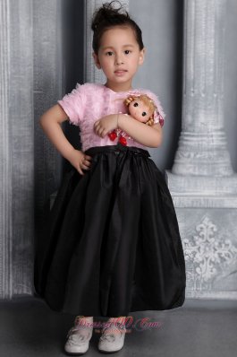 Pink and Black Column / Sheath Scoop Tea-length Taffeta Ruffes Flower Girl Dress