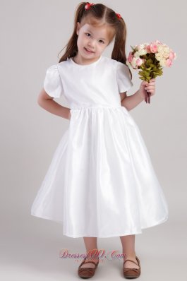 White A-Line / Princess Scoop Tea-length Taffeta Flower Girl Dress