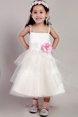 White A-line Straps Tea-length Tulle Hand Made Flower Little Girl Dress