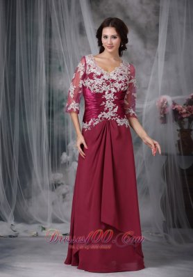 2013 Red Column / Sheath V-neck Floor-length Chiffon Appliques Mother Of The Bride Dress