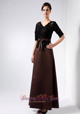 2013 Elegant Brown Mother Of The Bride Dress Column V-neck Beading Ankle-length Satin