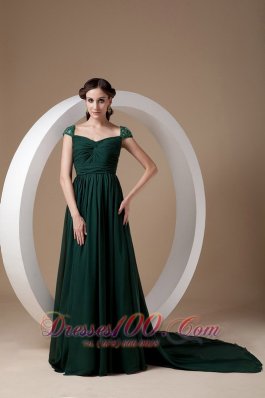 New Classical Dark Green Empire Evening Dress Square Watteau Train Chiffon Beading