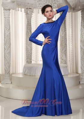 New Blue Mermaid Bateau Brush Train Stretch Charmeuse Beading Mother Of The Bride Dress