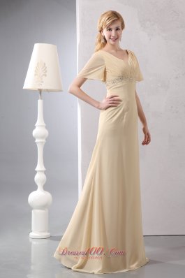 New Modest Light Yellow Empire Prom Dress V-neck Chiffon Beading Floor-length