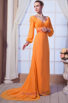 New Simple Column V-neck Brush Train Chiffon Mother of the Bride Dress