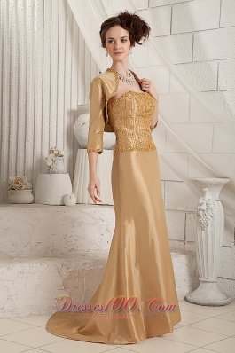 New Gold Customize Mother Of The Bride Dress Column Satin Beading Brush Train