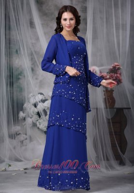 Popular Blue Column Straps Floor-length Chiffon Appliques Mother Of The Bride Dress