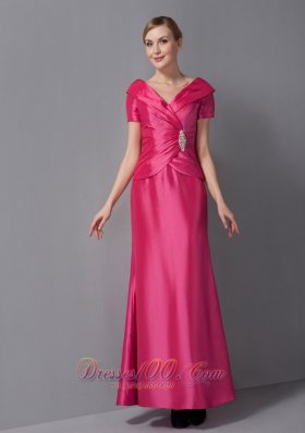 Popular Customize Hot Pink Mother Of The Bride Dress Column V-neck Ruch Ankle-length Taffeta