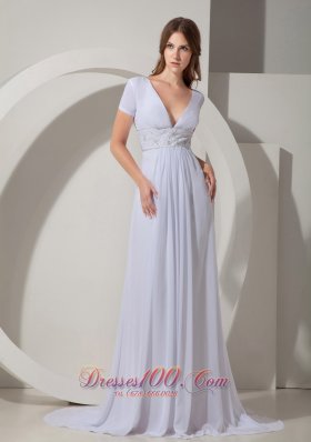 Popular Fashionable Empire V-Neck Court Train Chiffon Beading Prom Dress